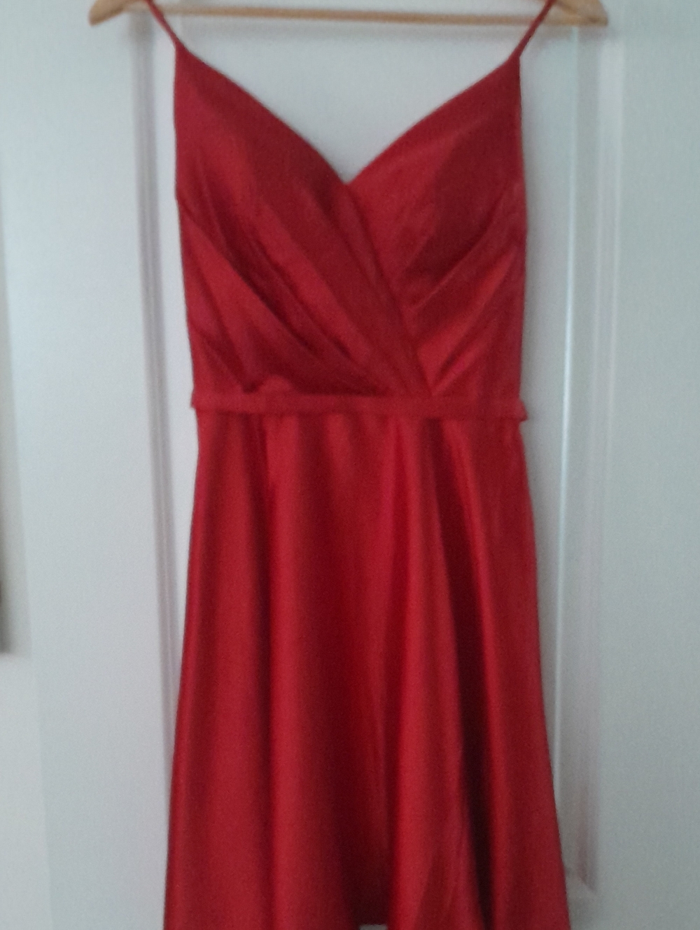 May Queen Red Satin Midi Dress with Spaghetti Straps